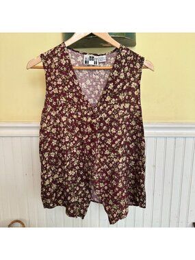 Vintage Bizzit Floral Sleeveless Button-Front Blouse Top Womens M Burgundy/Green